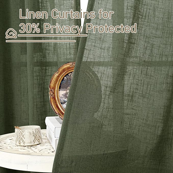 LAMIT Olive Green Linen Curtains 84 inch Length 2 Panels, Light Filtering Semi Sheer Panels Back Tab and Rod Pocket Christmas Drapes for Bedroom/Living Room, 34 x 84 Inch