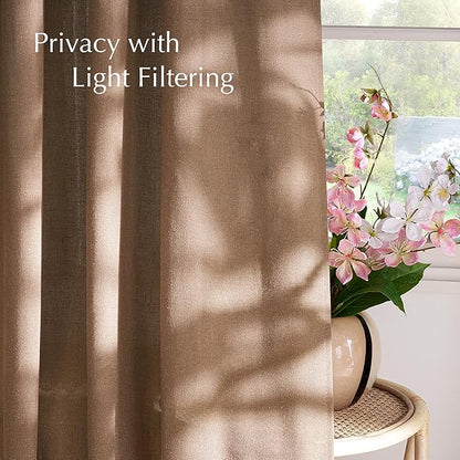 NICETOWN Linen Gold Brown Curtains for Living Room, Rustic Grommet Semi Sheer Linen Blend Privacy Assured with Light Filtering for Living Room/Bedroom, W55 x L96, 2 Panels
