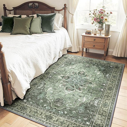 Area Rugs 4'x5' Washable Non-Slip, Floral Vintage Distress Print Pattern Medallion Carpet for Living Room Bedroom Dining Room, Dark Green Gray