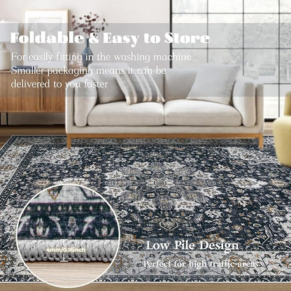 Area Rug 8x10 Washable Rug, Vintage Boho Medallion Rugs Non-Slip Soft Low Pile Large Distressed Rug Indoor Retro Carpet for Living Room Bedroom Dining Room Home Office (Vintage Black, 8'x10')