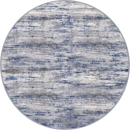 KOZYFLY Modern Abstract Circle Rug 3Ft, Washable Kitchen Round Rug Non-Slip Soft Small Bathroom Rug, Grey-Blue Striped Entryway Rugs Faux Wool Doormat for Bedside Entrance Bedroom Sink