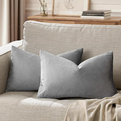 GIGIZAZA 12x20 Velvet Small Pillow Covers, Set of 2 Dark Grey Lumbar Throw Pillows Modern Covers for Living Room Decorative Luxury Solid Couch Sofa Pillow Cases