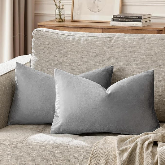GIGIZAZA 12x20 Velvet Small Pillow Covers, Set of 2 Dark Grey Lumbar Throw Pillows Modern Covers for Living Room Decorative Luxury Solid Couch Sofa Pillow Cases