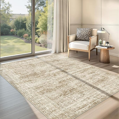 3x5 Washable Area Rug for Entryway, Soft Kitchen Rugs Non Slip for Dining Room, Vintage Abstract Living Room Rug, Thin Area Rugs Indoor for Bedroom, Kids Room Decor(3'x5', Brown/Ivory)