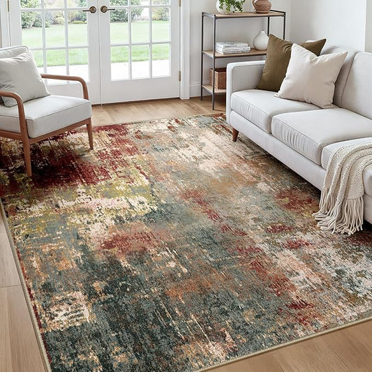 Washable Area Rugs Square 7ft Non-Slip Modern Abstract Soft for Living Room Entryway Bedroom Nursery, Print Pattern, Brown Rust Red Green Blue Multi