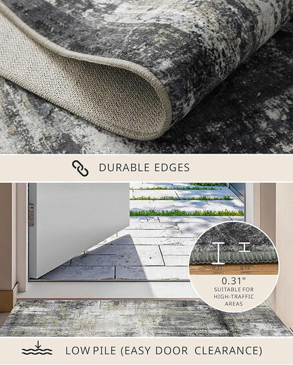 Latte&Fog 6x9 Area Rugs for Living Room Bedroom, Black Modern Abstract Neutral Washable Rug, Boho Non Slip Low Pile Carpet for Dining Room, Dorm,Classroom,College Dorm and Farmhouse - Black Gold