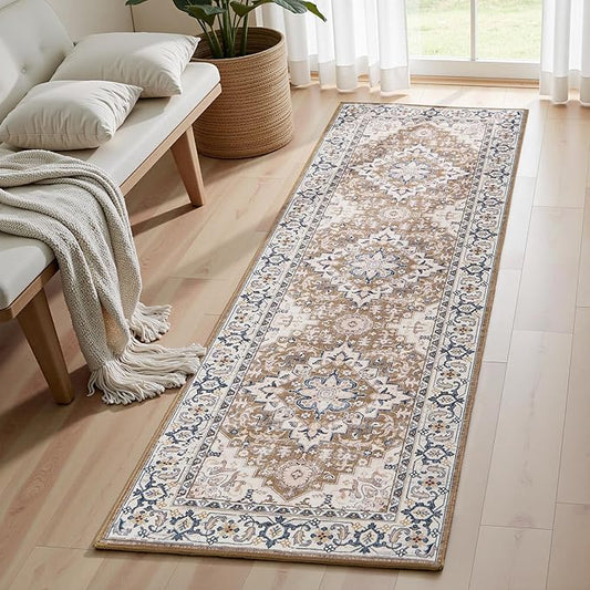 Lofus 2x6 Runner Rug for Hallways, Washable Kitchen Rugs, Non-Slip Rugs for Entryway and Bedroom, Vintage Boho Carpet, Soft Low Pile Long Runner Area Rug, Floral Brown