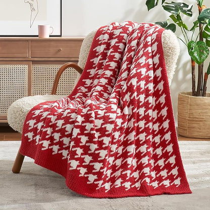 Snuggle Sac Ultra Soft Throw Blanket for Couch, Cozy Knitted Blankets, Fuzzy Knit Throws for Sofa, Bed, Home Decor, Houndstooth Red 50"x60"