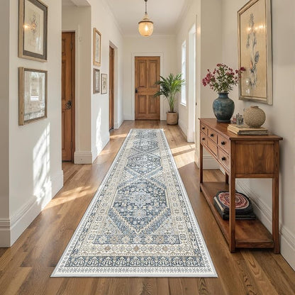 Runner Rug 2x10, Ultra-Thin Kitchen Rugs Non Slip Washable Rugs for Entryway Rug, Kitchen Runner Low Pile Vintage Soft Carpets for Living Room, Bathroom Bedroom (Blue/Beige,2'x10')