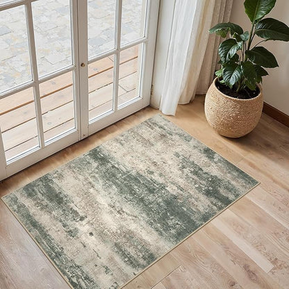 2x3 Rugs for Entryway Entrance Kitchen Bathroom, Machine Washable Modern Abstract Soft Area Rug, Indoor Floor Carpet with Non Slip Rubber Backing, Grey/Dark Green