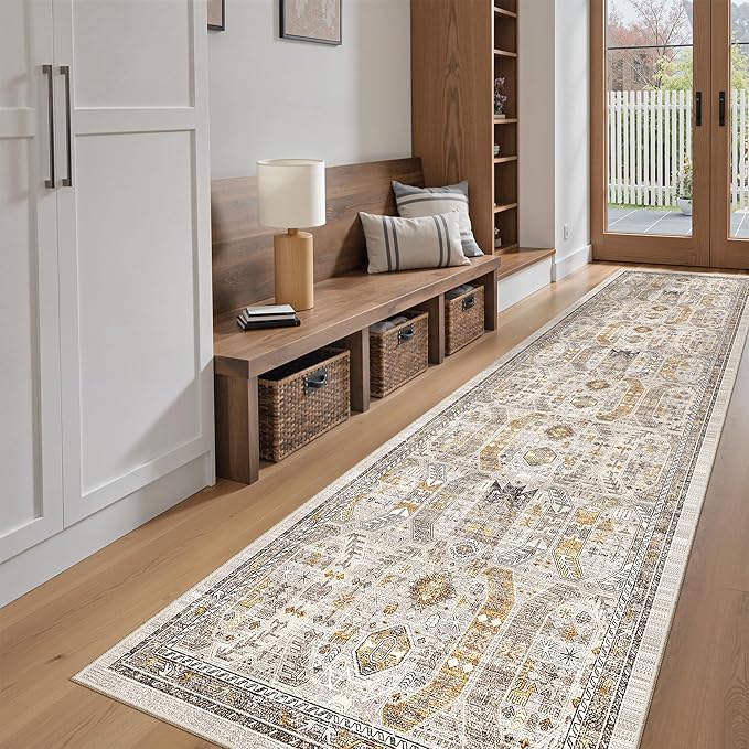 Madane Hallway Runner Rug 2'6''x10' Kitchen Runner, Non Slip Vintage Runners for Hallways Washable Kitchen Rugs Soft Low Pile 2.5x10 ft Rug Runner for Laundry Room, Entryway and Bedroom, Brown/Gold