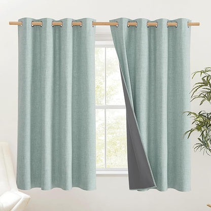 NICETOWN 100% Absolutely Blackout Linen Curtains with Thermal Insulated Liner, Seafoam Green, 52" Wide, 45" Length Energy Saving Curtains for Living Room 2 Panels Set, Vertical Blinds