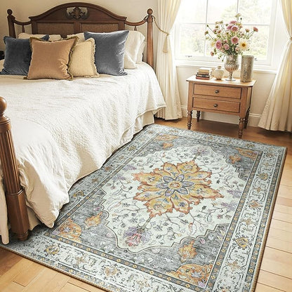RELEANY Area Rugs 5'x7' Washable Non-Slip, Floral Vintage Distress Print Pattern Medallion Carpet for Living Room Bedroom Dining Room, Light Yellow Carbon Grey Orange