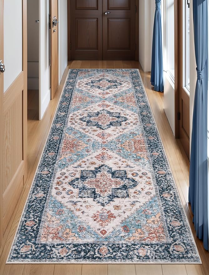 SERISSA Boho Washable Runner Rug, 2'6"x8' Non-Slip Vintage Blue Orange Hallway Kitchen Runner Rug Ultra Soft Print Distressed Tribal Floor Carpet for Bedroom Bathroom Laundry Room