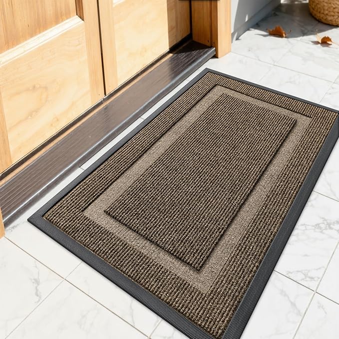 OLANLY Front Door Mat Indoor Outdoor Entrance, Waterproof All-Season, All-Weather Doormat, Sturdy Natural Rubber, Fade Resistant, Low Profile, Easy Clean Patio Porch Entryway Mat, 23.5x15.5, Brown