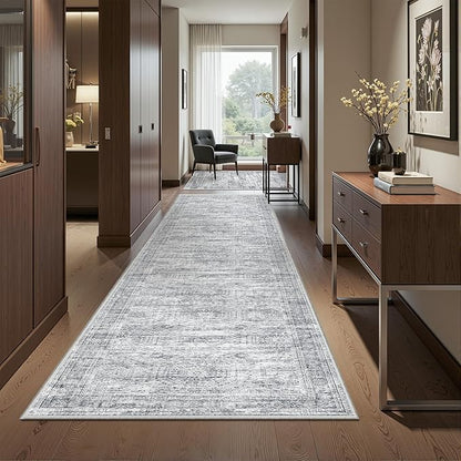 Kitchen Runner Rugs Non Skid Washable - 2.5 x 10 Runner Rug with Anti Slip Backing, Ultra-Thin Soft Rug Runner for Hallway, Bedroom, Living Room (2.5'x10', Grey/Ivory)
