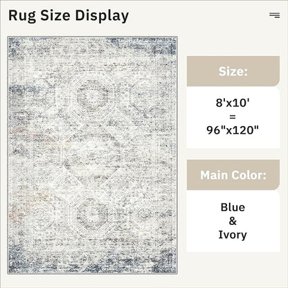 Washable Area Rug 8x10, Large Soft Rugs for Living Room Vintage 8x10 Area Rugs for Bedroom Dining Room Non-Slip Stain Resistant Under Table Blue Ivory Rug