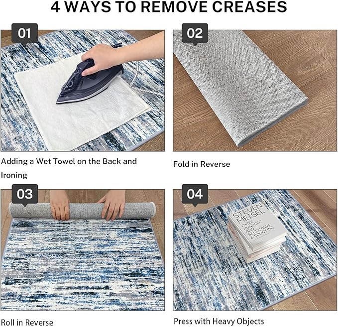 Lansny Modern Abstract Runner Rug 2x10, Grey Blue White Washable Long Kitchen Runner Non-Slip Soft Hallway Rug Runner Thin Print Faux Wool Carpet for Entryway Bedroom Laundry Room Indoor Home Decor