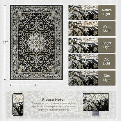 8x10 Area Rugs for Living Room: Washable Rug Soft Vintage Boho Medallion Carpet Indoor Non-Slip Stain Resistant Large Carpets for Bedroom Dining Room Farmhouse Nursery Home Office Black Gold
