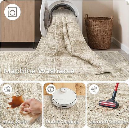3x5 Washable Area Rug for Entryway, Soft Kitchen Rugs Non Slip for Dining Room, Vintage Abstract Living Room Rug, Thin Area Rugs Indoor for Bedroom, Kids Room Decor(3'x5', Brown/Ivory)