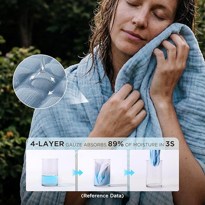 Bedsure 100% Cotton Muslin Blankets for Adults Large Throw 50x70 Inches - 4-Layer Breathable and Lightweight, Soft Boho Gauze Muslin Cotton Blanket for Couch Decor Travel Summer, Blue