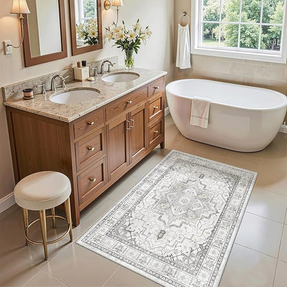 Madane Washable Area Rug 2x3, Small Entryway Rug Non-Slip Vintage Door Mat Indoor Entrance, Low Pile Floor Carpet for Inside Front Door Bedroom Kitchen Entry Laundry (2'x3', Grey)