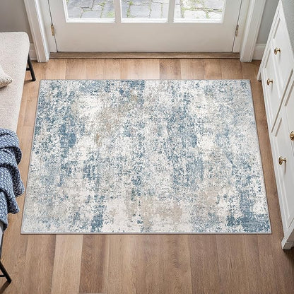 Blue 2x3 Area Rug Washable Abstract Entryway Carpet Modern Neutral Non Slip Door Mat Soft Low Pile Contemporary Aesthetic Small Bedroom Throw Rug for Kitchen Laundry Dining Room