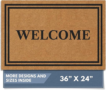 Barnyard Designs Natural Coco Coir Heavy Duty Backing Doormat - Large Cute Non-Slip Front Door Welcome Mat for Outside Entrance or Porch Entry, Brown (24x36, Welcome)