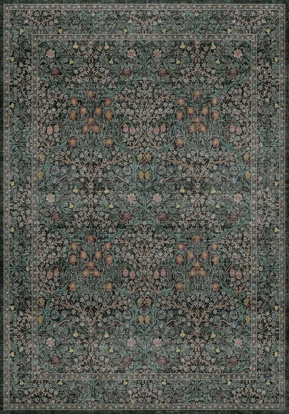 Vintage Dark Green Living Room Rug, 7x10 Washable Area Rugs for Dining Room Under Table, Bedroom, Oriental Low Pile Stain Resistant Non-Slip Thin Soft Carpet
