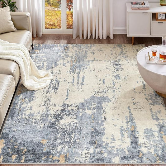 UERMEI 6x9 Area Rug Living Room Rugs - Washable Neutral Modern Abstract Soft Thin Rug Indoor Floor No Slip Rug Carpet for Bedroom Under Dining Table Home Office Decor - Blue/Light Brown
