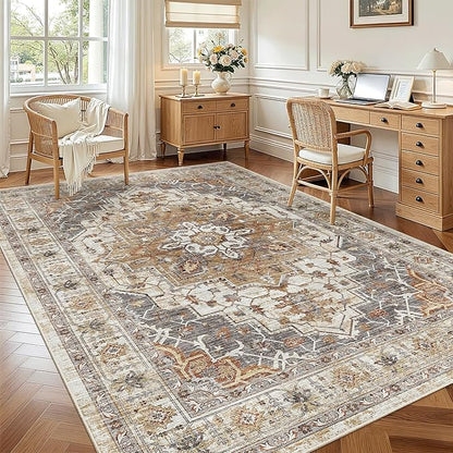 Madane 6x9 Area Rugs for Living Room, Stain Resistant Washable Rugs, Non-Slip Backing Area Rug, Vintage Home Decor Rug for Bedroom (Turmeric/Grey, 6'x9')