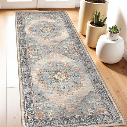 TOPRUUG Washable 3x7 Runner Rug: 7ft Non-Slip Stain Resistant Rugs for Hallway Durable Light Weight Blue Kitchen Mat Ultra Thin Soft Low-Pile Floor Mat for Bedroom Entryway Home Decor (Blue, 3X7)