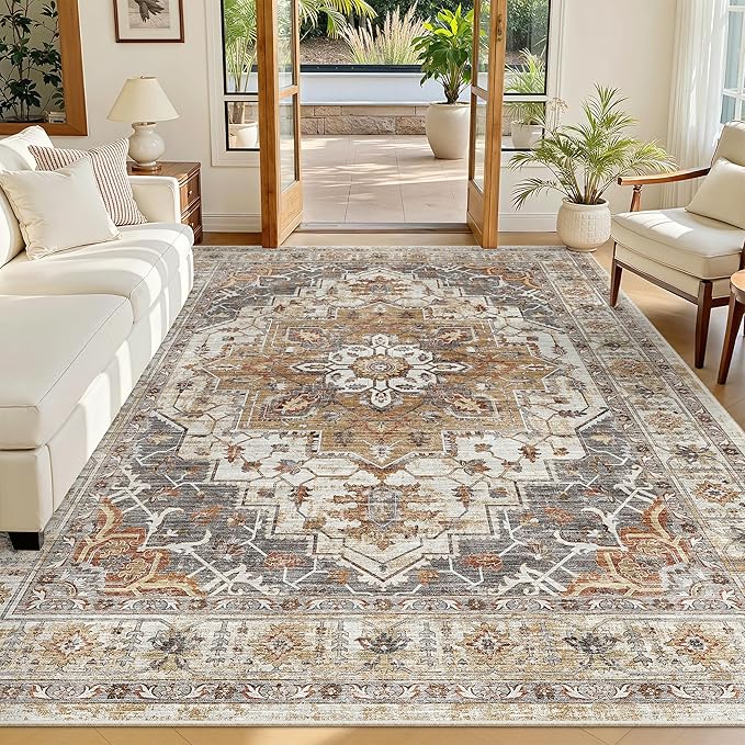 Madane 5x7 Area Rugs for Living Room, Stain Resistant Washable Rugs, Non-Slip Backing Area Rug, Vintage Home Decor Rug for Bedroom (Turmeric/Grey, 5'x7')
