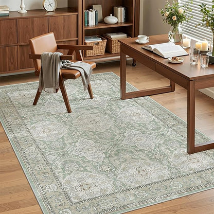 3x5 Rug, Small Area Rug for Kitchen, Entryway, Machine Washable Non-Slip Throw Rug, Vintage Carpet for Nursery Coffee Table Green/Brown