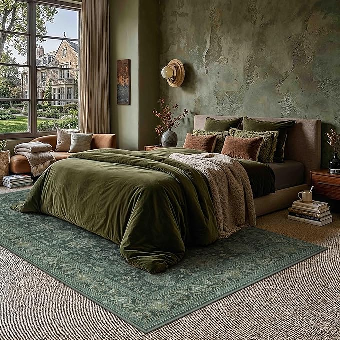 5x7 Washable Area Rug for Living Room Bedroom Vintage Green Soft Low Pile Carpet Traditional Retro Non Slip Throw Rug for Dining Room Entryway Indoor Dorm Kitchen