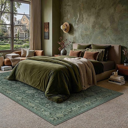9x12 Washable Area Rug for Living Room Bedroom Vintage Green Non Slip Carpet Traditional Retro Soft Low Pile Large Throw Rug for Dining Room Kitchen Office Indoor