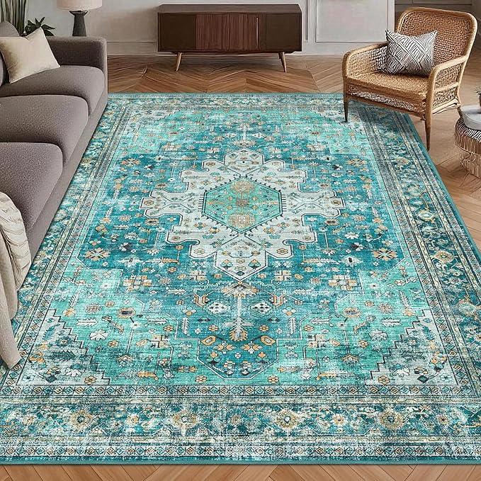 Washable Area Rug 3' x 5 ' Vintage Traditional Persian Mat - Foldable Distressed Non-Slip Machine Washable Carpet for Living Room Bedroom Kitchen Home Decor - Teal and Gold