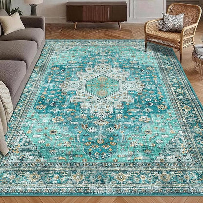 Washable Area Rug 3' x 5 ' Vintage Traditional Persian Mat - Foldable Distressed Non-Slip Machine Washable Carpet for Living Room Bedroom Kitchen Home Decor - Teal and Gold
