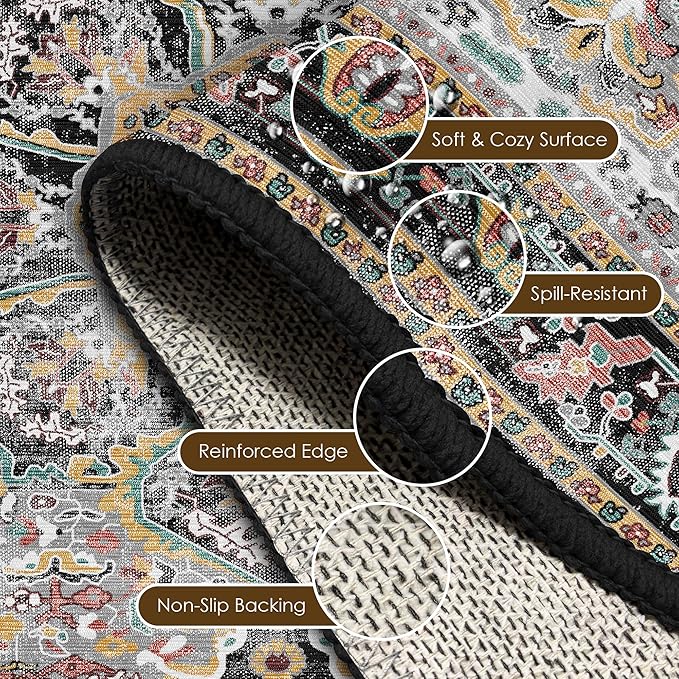 Washable Area Rug 5' x 7' Vintage Traditional Persian Mat - Foldable Distressed Non-Slip Machine Washable Carpet for Living Room Bedroom Kitchen Home Decor - Slate and Multicolor