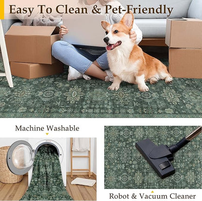 6x9 Washable Area Rug for Living Room Bedroom Vintage Green Carpet Soft Low Pile Traditional Retro Non Slip Throw Rug for Dining Room Entryway Indoor Dorm Kitchen