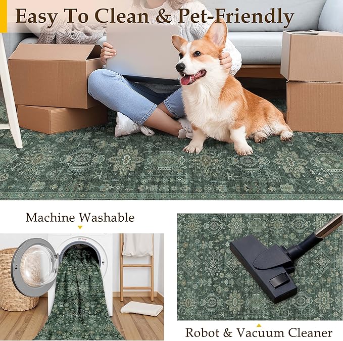 5x7 Washable Area Rug for Living Room Bedroom Vintage Green Soft Low Pile Carpet Traditional Retro Non Slip Throw Rug for Dining Room Entryway Indoor Dorm Kitchen