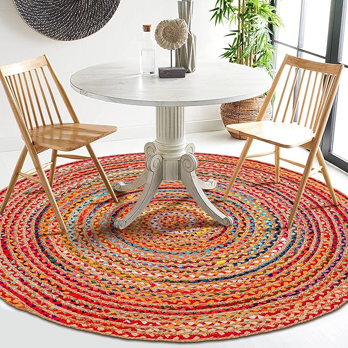 Hausattire Bohemian Braided Rug 3' Round - Multi Color, Small Farmhouse Jute Cotton Area Rag Rugs for Kids Bedroom, Playroom | Colorful Circle Hand Woven Cute Accent Mat