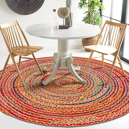 Hausattire Bohemian Braided Rug 5' Round - Multi Color, Rustic Hand Woven Rag Rugs for Kitchen, Kids Bedroom, Living Room | Colorful Farmhouse Pet Friendly Reversible Decorative Carpet