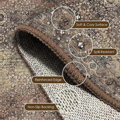 Washable Area Rug 8' x 10' Vintage Traditional Persian Mat - Foldable Distressed Non-Slip Machine Washable Carpet for Living Room Bedroom Kitchen Home Decor - Umber and Slate