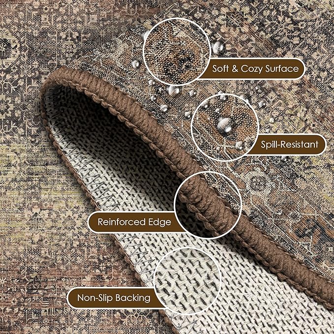Washable Area Rug 5' x 7' Vintage Traditional Persian Mat - Foldable Distressed Non-Slip Machine Washable Carpet for Living Room Bedroom Kitchen Home Decor - Umber and Slate