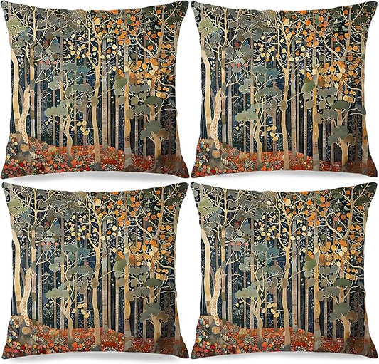Rustic William Morris Inspired Autumn Forest Decor Pillow Covers 18x18 Set of 4,Fall Home Room Decor, Vintage Botanical Nature Decorative Throw Pillow Covers for Home Bedroom Living Room