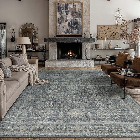 9x12 Washable Area Rug for Living Room Bedroom Vintage Black Grey Non Slip Carpet Traditional Retro Soft Low Pile Large Throw Rug for Dining Room Kitchen Office Indoor