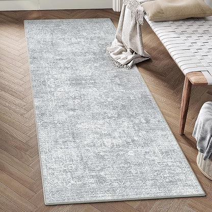 2x6 Runner Rug Washable Vintage Indoor Hallway Carpet Non Slip Grey Bedroom Low Pile Kitchen Distressed Long Retro Accent Throw Rug for Bathroom Dining Laundry Living Room