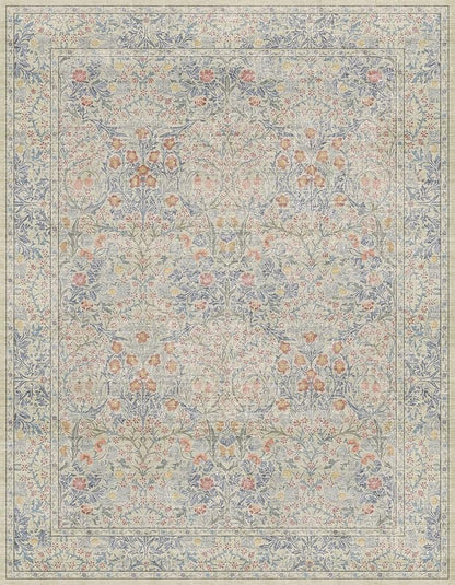 Hazo Haus Washable Dining Room Rugs, 7x9 Area Rug for Living Room, Bedroom, Kids Playroom, Low Pile Non-Slip Lightweight & Stain Resistance - Light Beige Blue Oriental Vintage Design