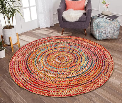 Hausattire Bohemian Braided Rug 3' Round - Multi Color, Small Farmhouse Jute Cotton Area Rag Rugs for Kids Bedroom, Playroom | Colorful Circle Hand Woven Cute Accent Mat